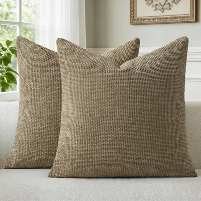 Produktbild von Set mit 2 Kissenbezügen, 50 x 50 cm, brauner Chenille, Dekokissen, Sofakissen, Zierkissen, waschbar, flauschig