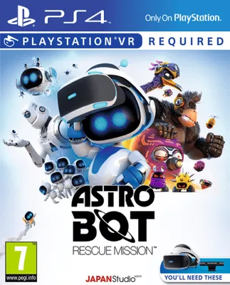 The image is a marketing image for the video game Astro Bot Rescue Mission for PlayStation 4, showing various characters from the game and the PlayStation VR headset.