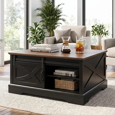 Produktbild von Parrot Uncle Couchtisch Schwarz, Industrial Design Schiebetür, 80x80x45cm, Klapptisch mit Stauraum Holzoptik, Wohnzimmer