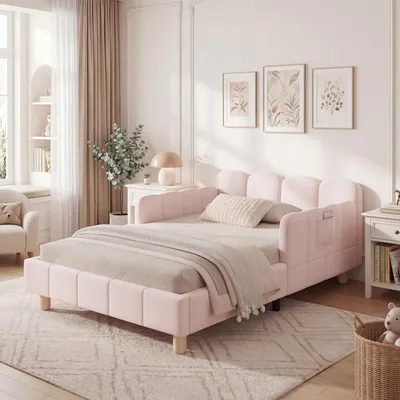Produktbild von MODFU Polsterbett Einzelbett 90x200 mit Sicherheitsgitter Kinderbett mit gepolstertes Kopfteil und Massivholz-Bettbeinen ohne Matratze Rosa
