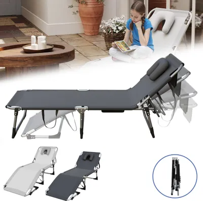 Produktbild von UISEBRT Klappbare Sonnenliege Hellgrau mit Gesichtsausschnitt – Verstellbare Relaxliege aus 600D-Oxford, wetterfest & tragbar, ideal für Garten, Camping oder Balkon