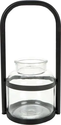 Produktbild von Windlicht im Metallständer, Glas-Einsatz für Teelichter oder Stumpenkerzen, im Industrial-Design, zum Stellen oder Hängen, H 33 cm