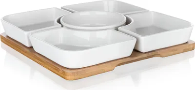 Productafbeelding van Set van 6 stuks. (5 kommen, 1 schaal). 24,5 x 24,5 x 4,5 cm. Porselein/bamboe. BRILLANTE