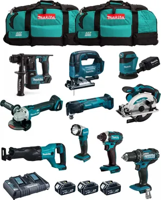 Produktbild von MAKITA Kit MK1001 (DDF482+ DHR171+ DGA504+ DTD152+ DJV182+ DSS610+ DJR186+ DBO180+ DTM51+ DML802+ 3x5,0Ah + DC18RD + 2xLXT600)
