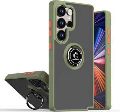 Obrázek produktu pro Pouzdro pro Samsung Galaxy S25 Ultra matné průsvitné TPU pouzdro s prstencovým držákem a stojánkem Armádní zelená