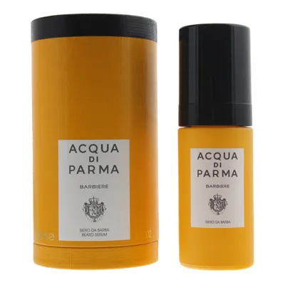 A product shot of Acqua Di Parma Barbiere Beard Serum and its packaging.