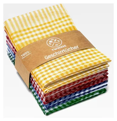 Produktbild von Set aus 10 karierten Geschirrtüchern aus 100% Baumwolle - 67 x 47 cm - Retro Chic Stil Küchentücher - 2 blaue, 2 rote, 2 grüne, 2 gelbe Geschirrhandtücher