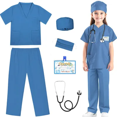 Productafbeelding van Kinderdokter kostuum met scrubsuit en accessoires, maat 3-12 jaar, verkleedpak voor kinderen