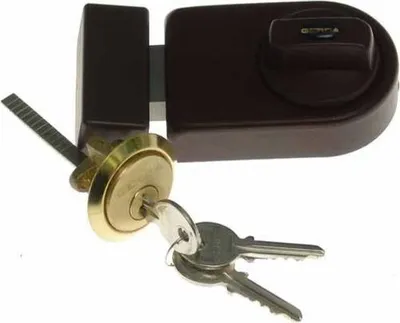 A lock mechanism with keys on a white background.