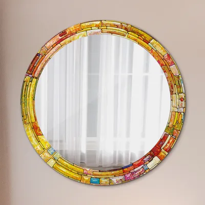 Produktbild von Runder Spiegel mit Modernem Aufdruck - Dekospiegel Wandmontage -bunt gebeizt glas- Ø80cm