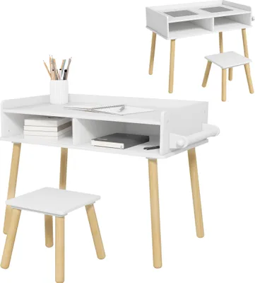 Produktbild von HOMCOM Kindertisch und Stuhl-Set, Kindertisch mit Bauklötzchen, Tafel und Papierrolle zum Spielen und Zeichnen im Kindergarten, Spielzimmer, weiß