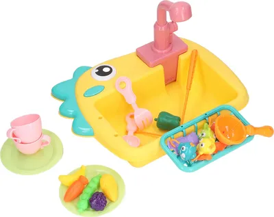 Image de jouet 2 en 1 pour l'évier de la cuisine avec eau courante et robinets automatiques. Imaginez-vous en train de pêcher un dinosaure. Jaune