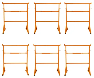 Produktbild von 6er Set Arbeitsböcke, Stahl pulverbeschichtet, höhenverstellbar 105,5-185,5cm, 105cm breit, 200kg Tragkraft, Werkzeugablage