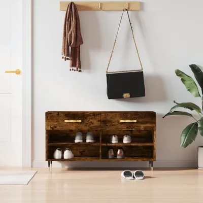 Zdjęcie produktu dla vidaXL Ławka na buty dąb wędzony 102x35x55 cm materiał drewnopochodny - Ławka na buty - Ławki na buty - Ławka z miejscem do przechowywania - Stojak na buty