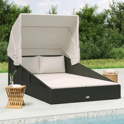 Produktbild von The Living Store Sonnenliege mit Faltdach Schwarz 200x114x128 cm Poly Rattan