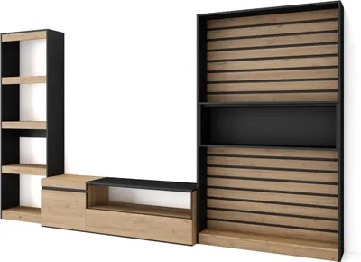 Produktbild von Wohnwand Wohnzimmer, 320x35x186cm, Wohnzimmer Möbel, Eiche und Schwarz