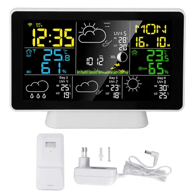 Obrázek produktu pro Chytré meteorologické hodiny 7,5" barevný displej - teplota, vlhkost, budík, bezdrátová meteostanice pro vnitřní i venkovní použití, zástrčka EU