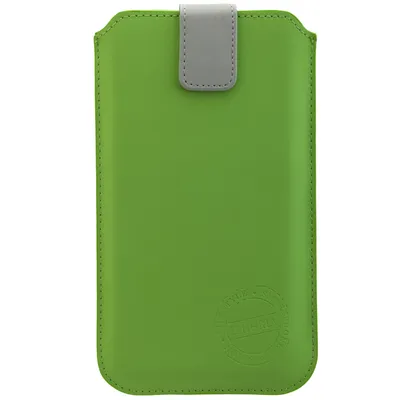 A green phone case with a gray closure flap is shown against a white background.