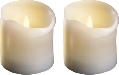 Produktbild von 2er Set LED Stumpenkerzen mittel - Echtwachskerze mit beweglicher Flamme flackernd - Timerfunktion für 6 Stunden Warmweißes Licht 7,5cm Durchmesser 12,5cm Höhe - 2 AA Batterien nötig