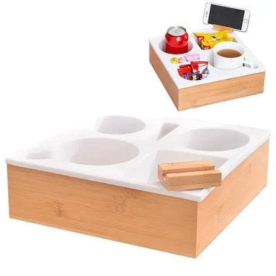 Produktbild von Sofatablett mit Getränkehalter,Beistelltisch Couchbar Snackbox, Getränkehalter für Servierbrett,25x25x8 cm