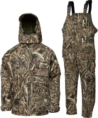 A camouflage jacket and bib overalls are displayed against a white background.