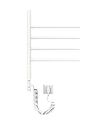 A white electric towel dryer with four foldable arms, a control panel, and a coiled power cord plugged into a wall socket, all set against a plain white background.