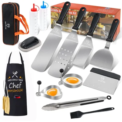 Immagine prodotto di Elzusha - Set di 13 spatole per griglia - Accessori in acciaio inossidabile per barbecue, con custodia