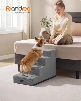 Produktbild von FEANDREA Hundetreppe für Kleine Hunde, 4 Stufen Waschbare Katzentreppe aus Schaumstoff für Sofa, 62 x 40 x 44 cm, Grau