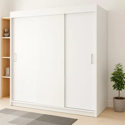 Zdjęcie produktu dla Szafa 3-drzwiowa przesuwna RIO-2 180x215cm biała - trwałe fronty, w zestawie półki, drążki, uniwersalna, łatwy montaż