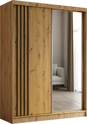 Produktbild von Masseno Schiebetürenschrank NELVIA 160 cm Kleiderschrank Schlafzimmer Schrank 2-türig mit Spiegel und Lamellen Eiche Artisan