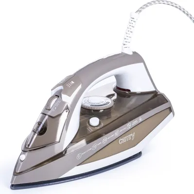 A product shot of a steam iron on a white background.