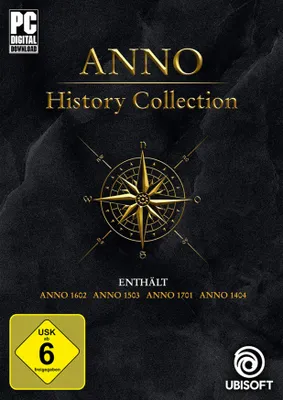 The image is a promotional graphic for the Anno History Collection PC game, featuring game title, a compass rose, and included game titles.