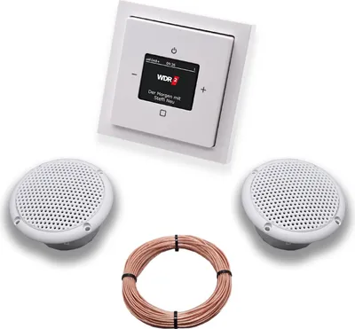 Produktbild von Busch Jäger DAB+ (DAB PLUS) Unterputz Radio 8215U-101 Future Linear Studioweiß, Komplett-Set mit 2 x Decken Feuchtraumlautsprecher/Badezimmer + 20 m Lautsprecherkabel 2x0,75 mm2 8215U