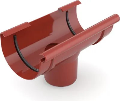 A 3D render of a red gutter downpipe connector with a white background.