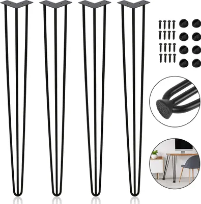 Image de TolleTour 4x 61cm Hairpin Legs Pieds de table Pieds en épingle à cheveux 3 étriers Piètement de table DIY Patins de table Table de salle à manger Noir