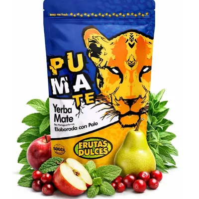 Zdjęcie produktu dla Herbata Yerba Mate PumaTe Frutas Dulces 500 g – herbata Yerba Mate Elaborada con Palo z Brazylii – mieszanka sypanej herbaty mate z dodatkiem owoców i ziół
