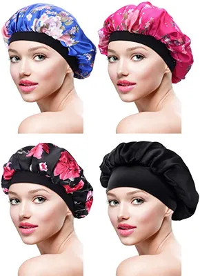 Produktbild von 4 Stück Satin Mütze Schlafmütze Weiche Nachtmütze Kopfhaube für Damen Mädchen