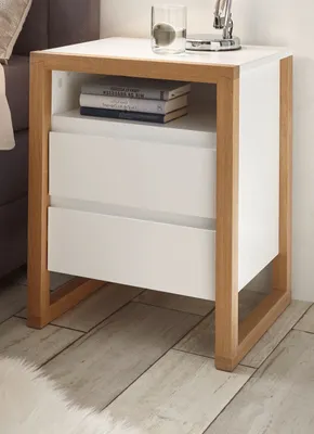 Produktbild von Nachttisch Boxspringbett weiß Lack und Eicher massiv Nachkonsole Facil mit Schubladen 40x60 cm