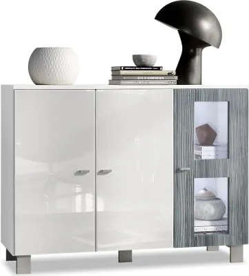 Produktbild von Vladon Sideboard Denjo,  Germany, Kommode mit 3 Türen, Weiß matt/Weiß Hochglanz/Avola-Anthrazit, inkl. LED-Beleuchtung (107 x 81 x 35 cm)