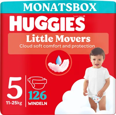 A package of Huggies Little Movers baby diapers, size 5, featuring a child and product details.