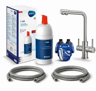 Zdjęcie produktu dla Bateria 3-drogowa VANTO INOX z wylewką w kształcie litery L – zestaw z filtrem podblatowym BRITA P1000