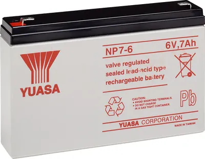 Produktbild von Yuasa NP7-6, Plombierte Bleisäure (VRLA), 6 V, 1 Stück(e), Schwarz, Weiß, 7000 mAh, 5 Jahr(e)