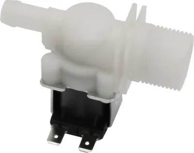 A close-up studio shot of a white solenoid valve with a black electromagnetic coil.