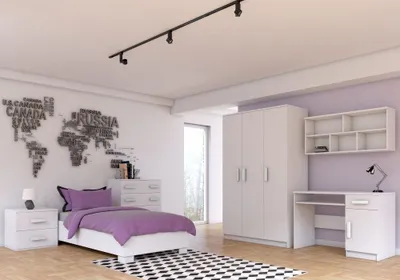 Produktbild von Kinderzimmer-Set Bett Schrank Wandregal Kommode Schreibtisch Nachttisch Weiß/Weiß mit weiße Griffe ohne Matratze Jonas IV 01