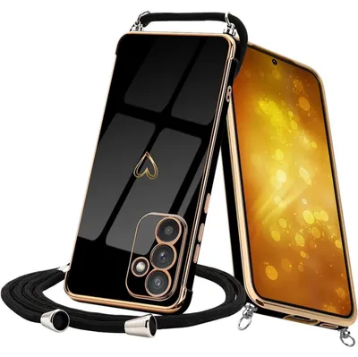 Immagine prodotto di Custodia per cellulare con cordino per Samsung Galaxy S24, colore nero, in silicone, con motivo a cuore, con cordoncino