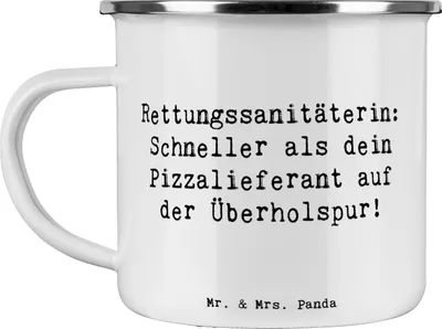 Produktbild von Mr. & Mrs. Panda Teetasse Spruch Rettungssanitäterin Action - Weiß - Geschenk, Geschenke für Berufstätige, Emaille Becher, Lebensretterin, Pott, Berufsprodukte, Haferl