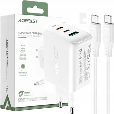 Image de Acefast 2W1 Chargeur réseau 2X Usb-C / Usb-A 65W, Pd, Qc 3.0, Afc, Fcp (Set avec câble Usb-C 1.2M) Blanc (A13 Blanc)
