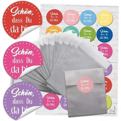 Produktbild von 24 Stück kleine silber-farbene Papiertüten Geschenktüten Geschenk-Verpackung (9,5 x 14 cm) + 24 runde Aufkleber 4 cm SCHÖN DASS DU DA BIST in 3 Rosa Pink Rose FarbenBunt