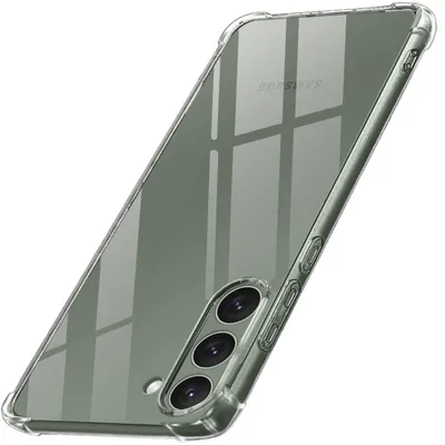 A clear phone case is shown from a diagonal angle against a white background.