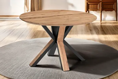 Produktbild von Runder Esszimmertisch Akazie naturfarben Schweizer Kante 105 cm Spider-Gestell schwarz aus Metall + Holz AMBER